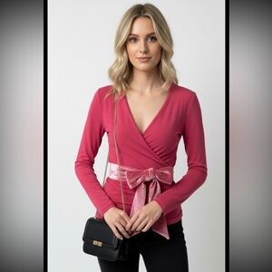 J Crew top formknit long sleeve pink with velvet wrap tie belt